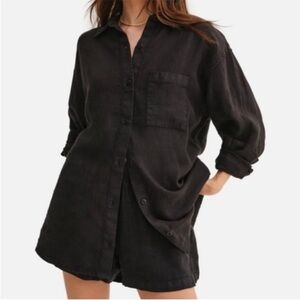 NWT MATE 100% Organic Linen Black Button Down Oversized Long Sleeve Shirt Size S